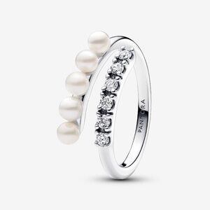 Treated Freshwater Cultured Pearls & Pavé Open Ring Sterling Silver